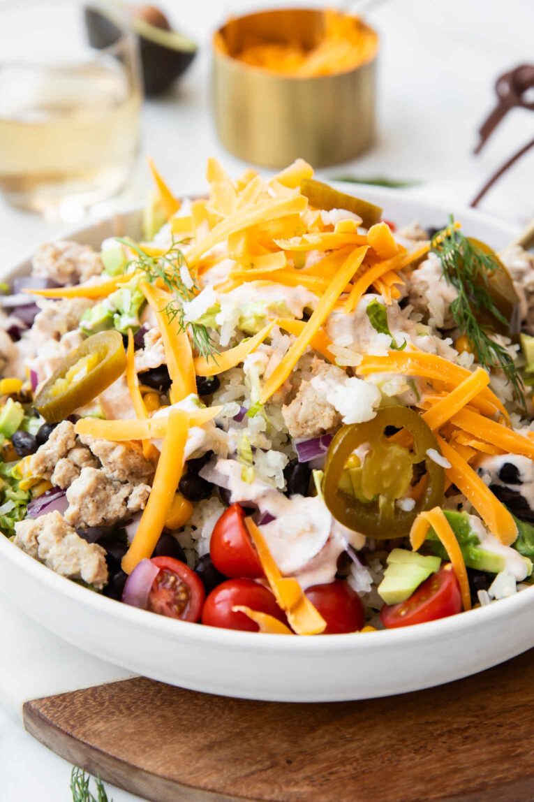 Angled image of Ranch turkey salad in a bowl.