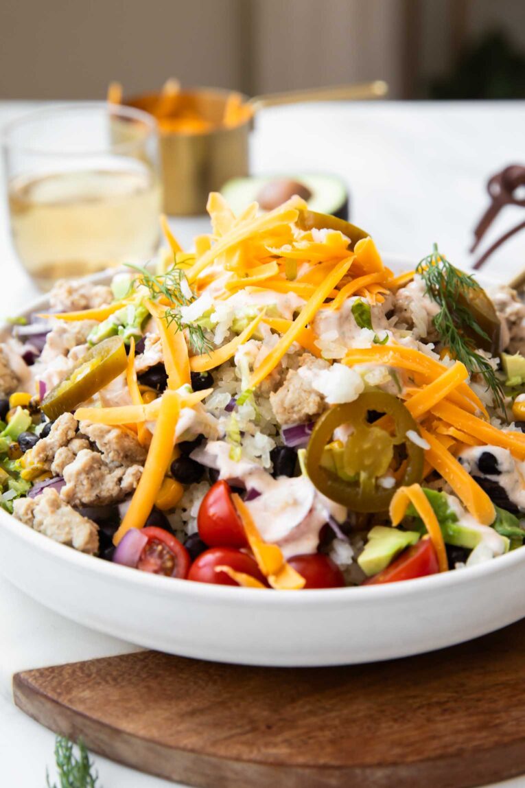 Angled image of Ranch turkey salad in a bowl.