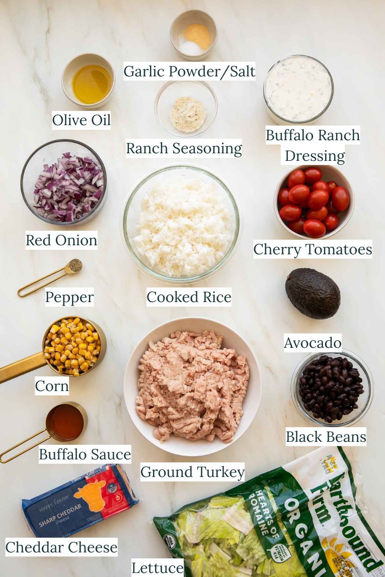 Buffalo ranch turkey rice salad ingredients.