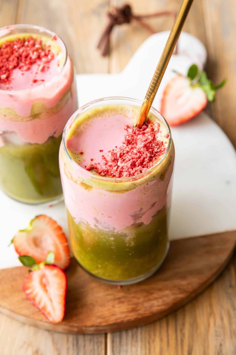 Top angled view of strawberry cloud matcha.