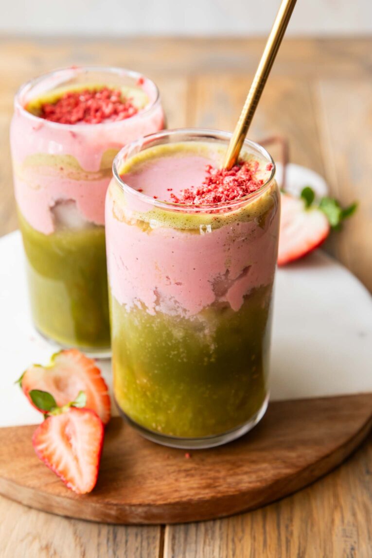 Angled image of strawberry cloud matcha.