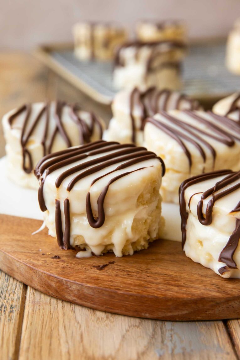 Zebra cakes on a cutting board.