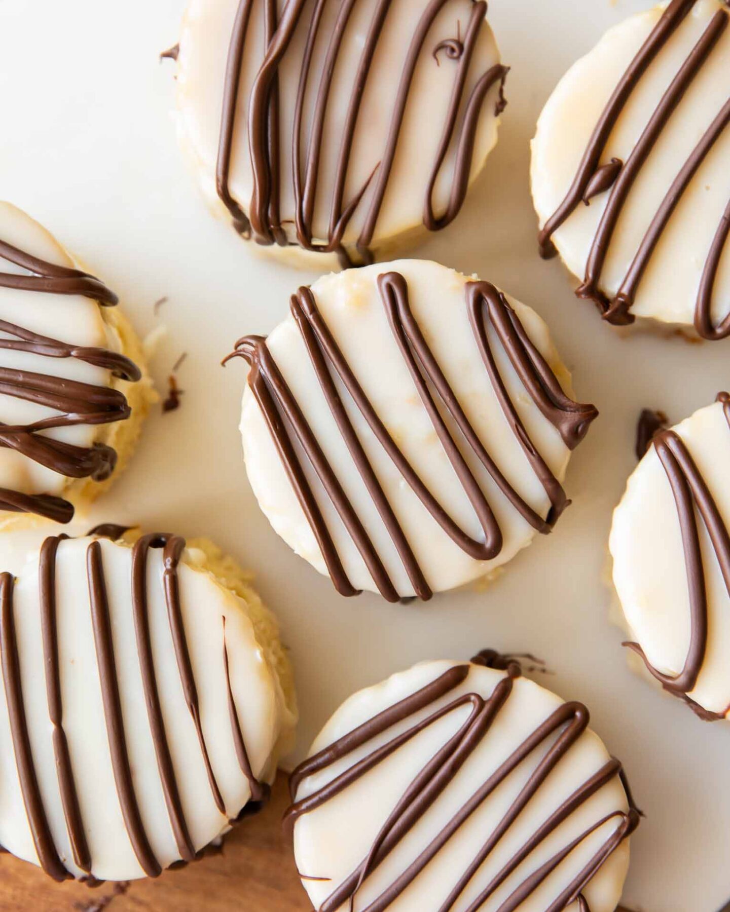 Top view of zebra cakes on a cutting board.