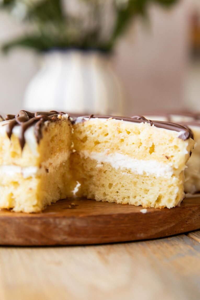 Zebra cake cut in half.