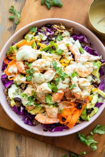 Chili lime shrimp salad in a bowl.