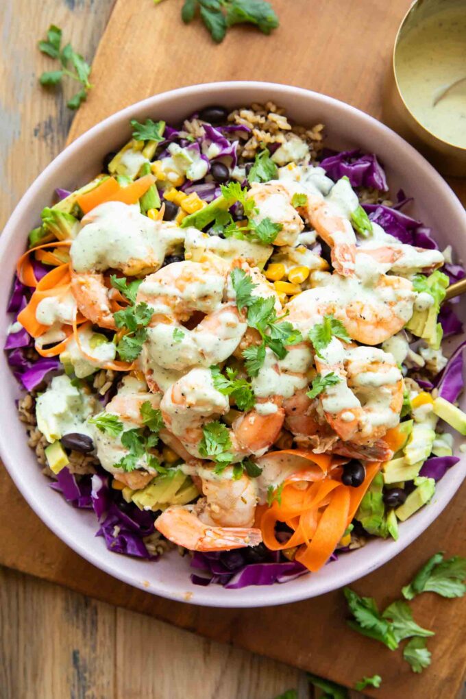 Chili lime shrimp salad in a bowl.