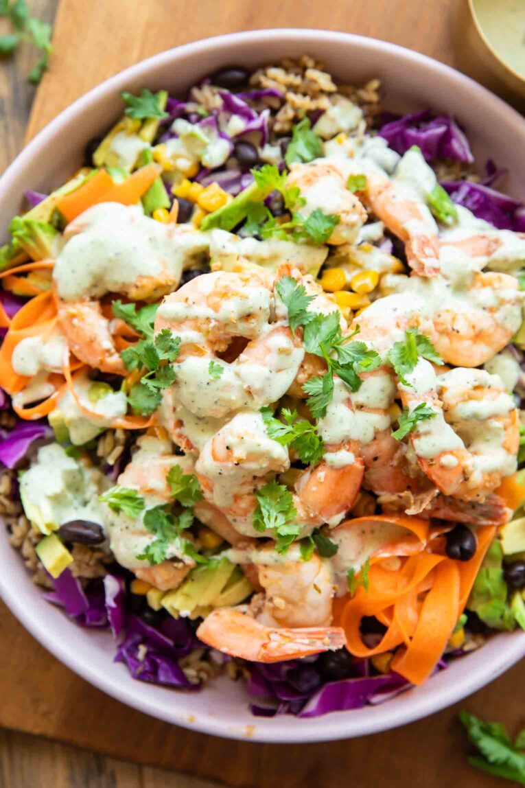 Chili lime shrimp salad in a bowl.