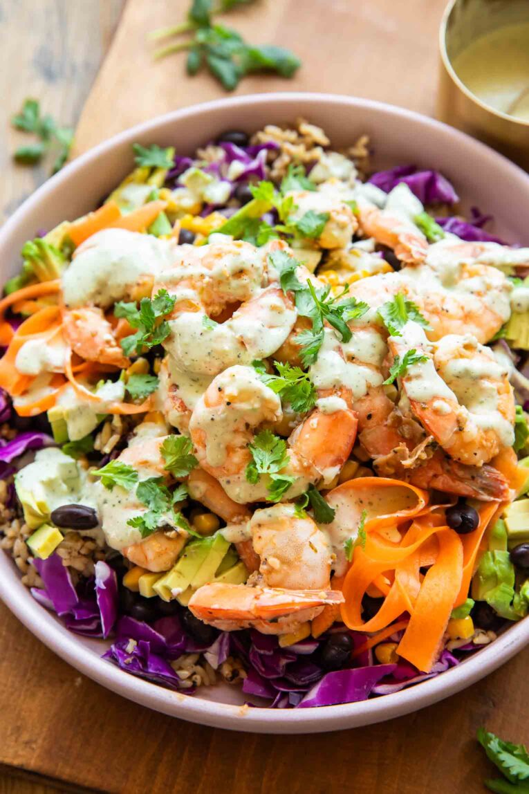 Chili lime shrimp salad in a bowl.
