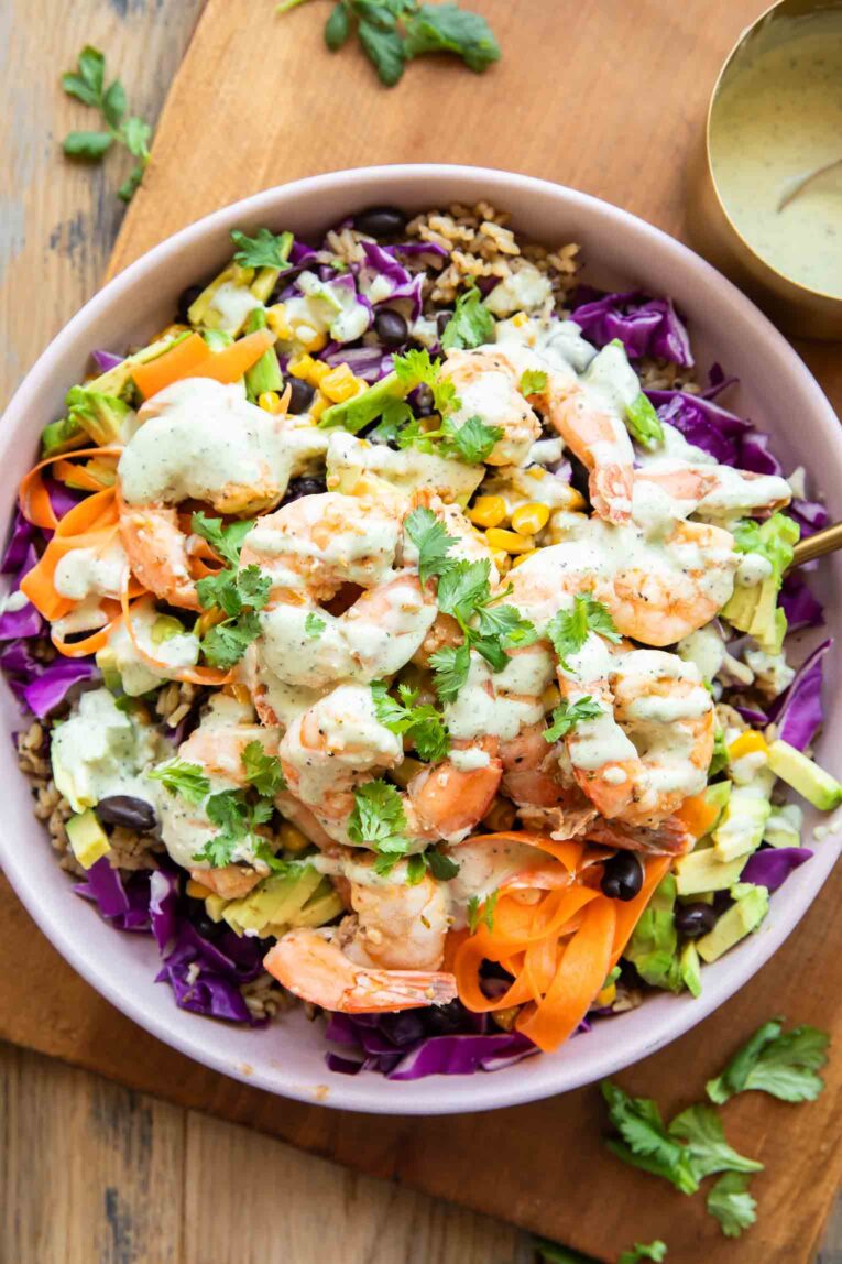 Chili lime shrimp salad in a bowl.