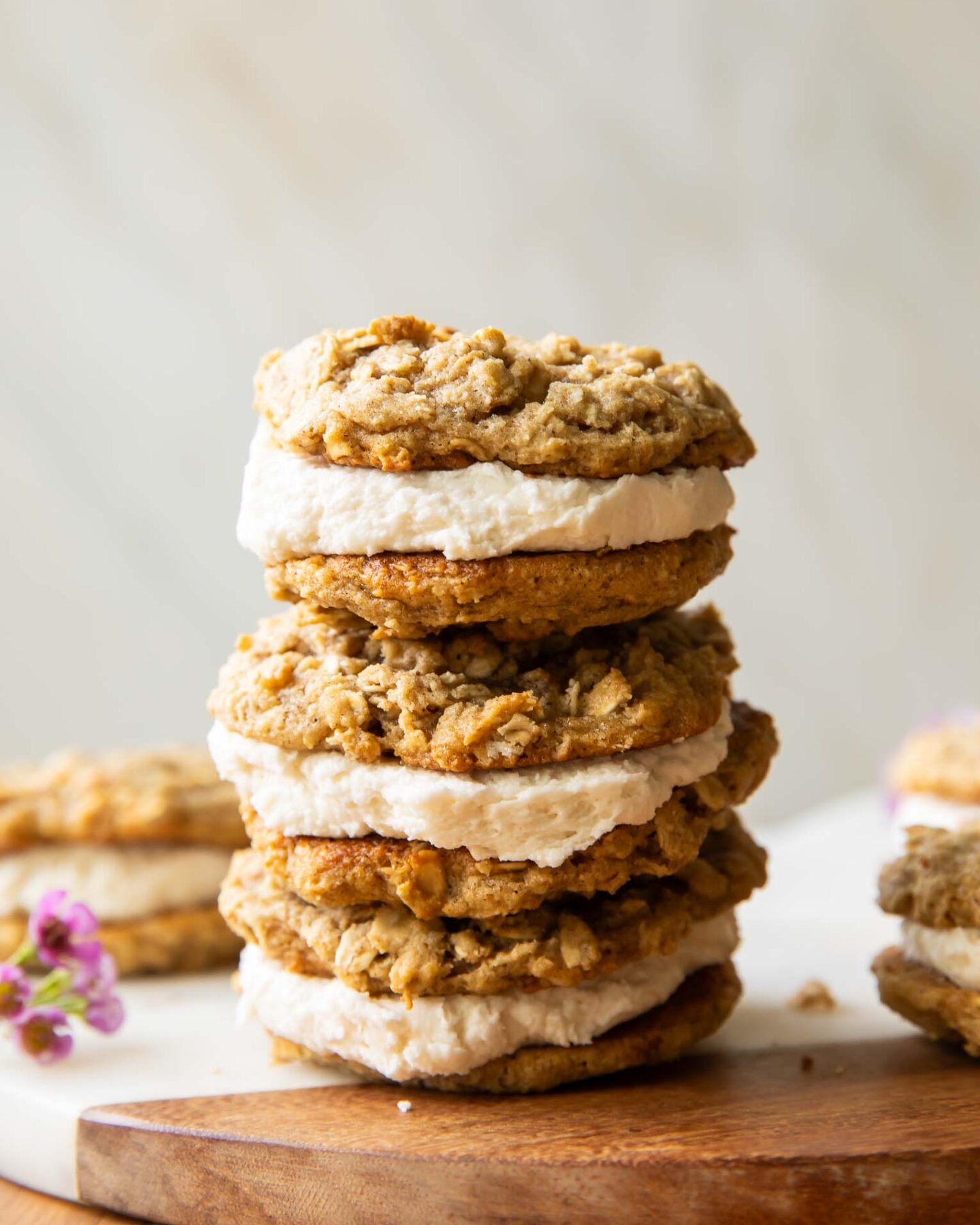 Oatmeal Cream Pies stacked on top of each other.