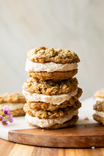 Oatmeal Cream Pies stacked on top of each other.