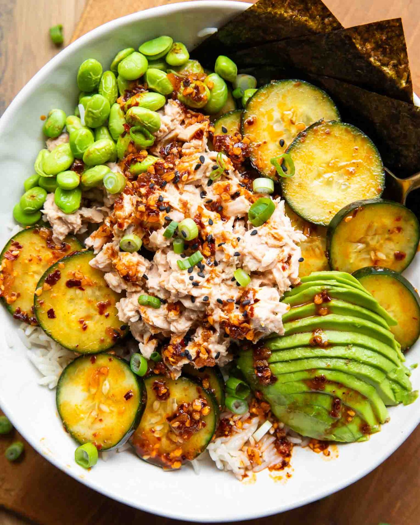 Sushi bowl on a wooden surface.