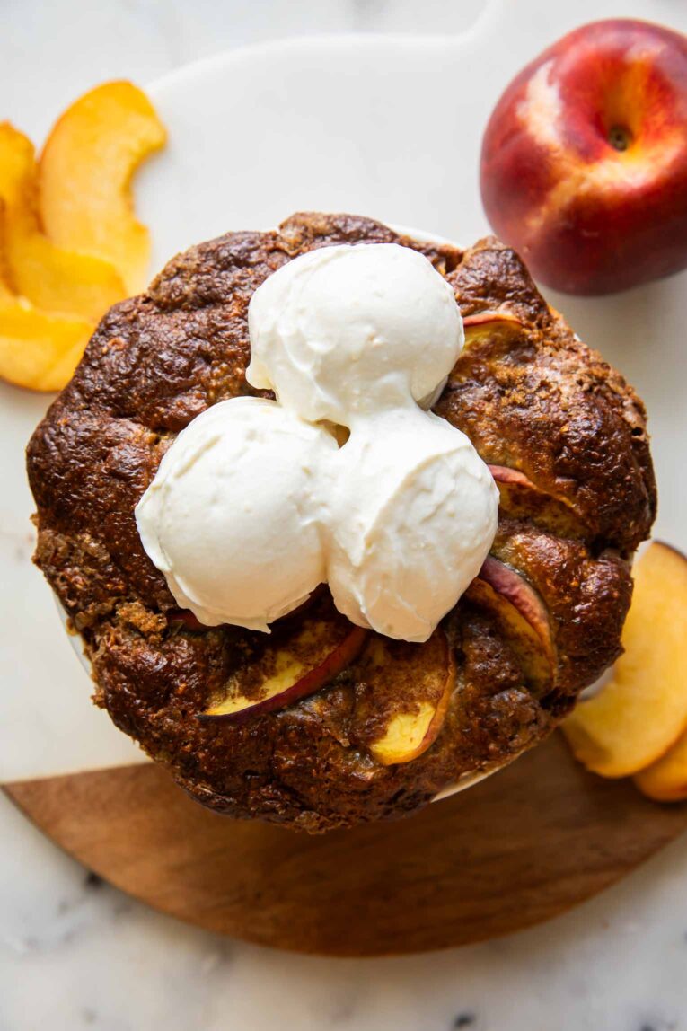 Baked Peach oats in a dish.