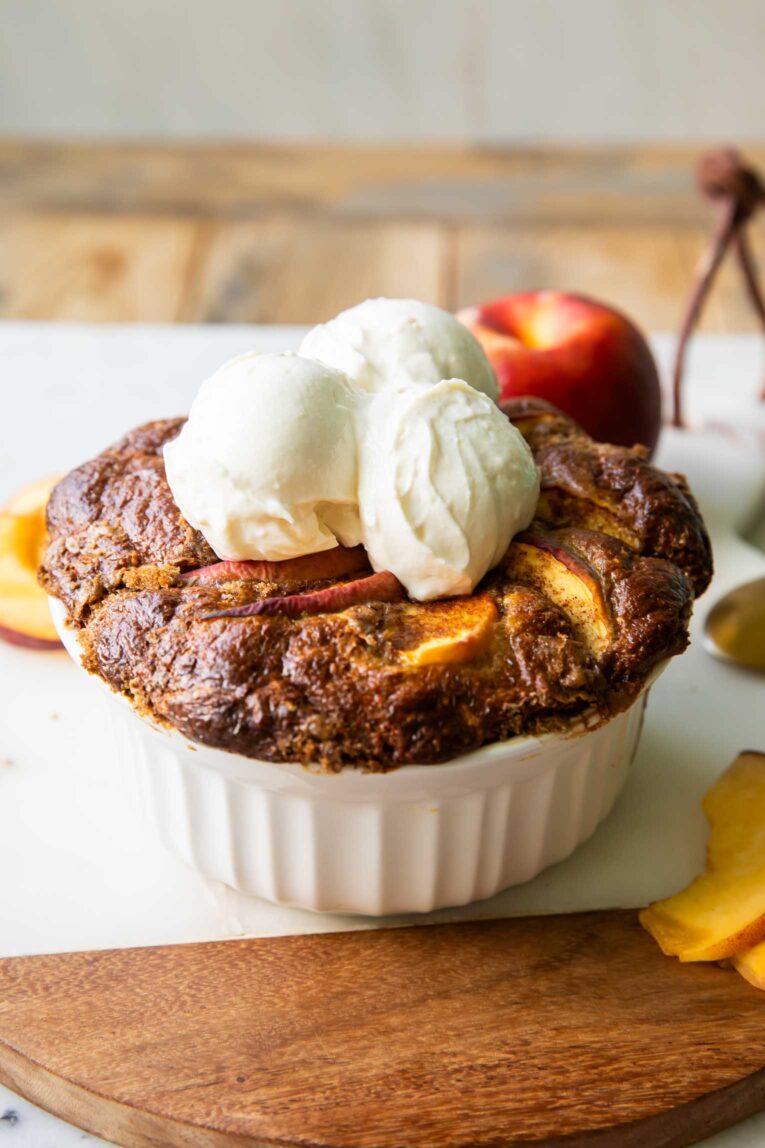 Baked Peach oats in a dish.