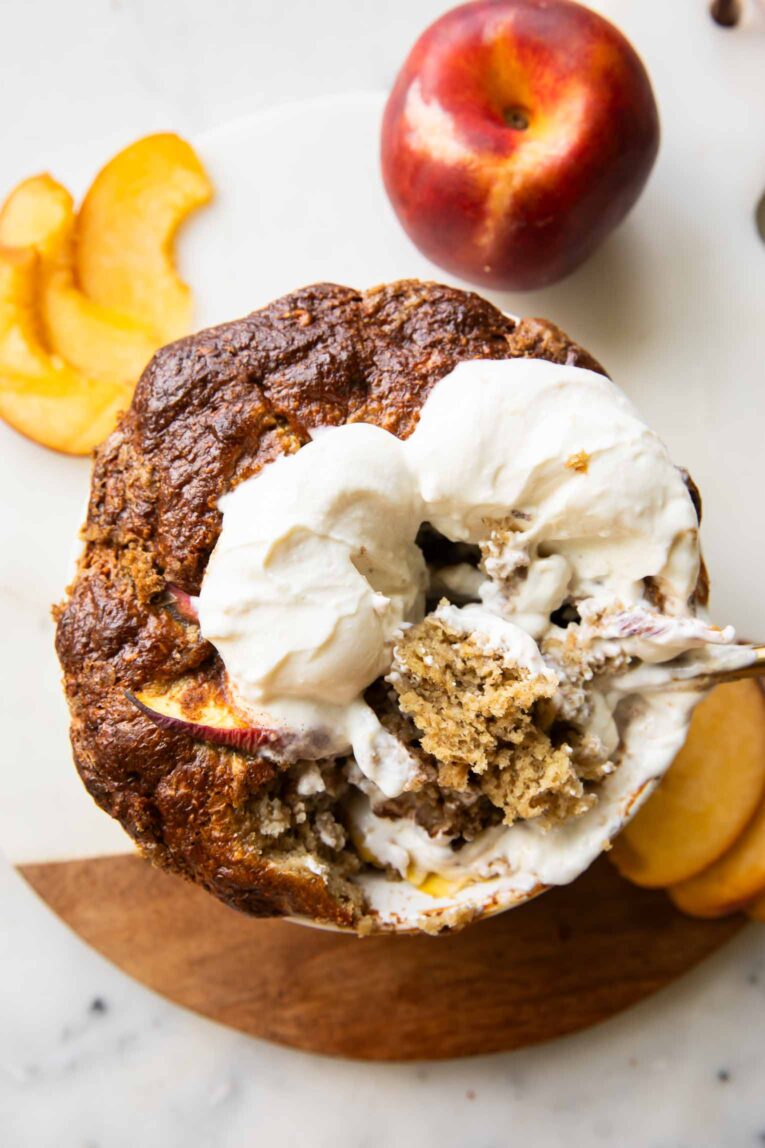 Baked Peach oats in a dish.