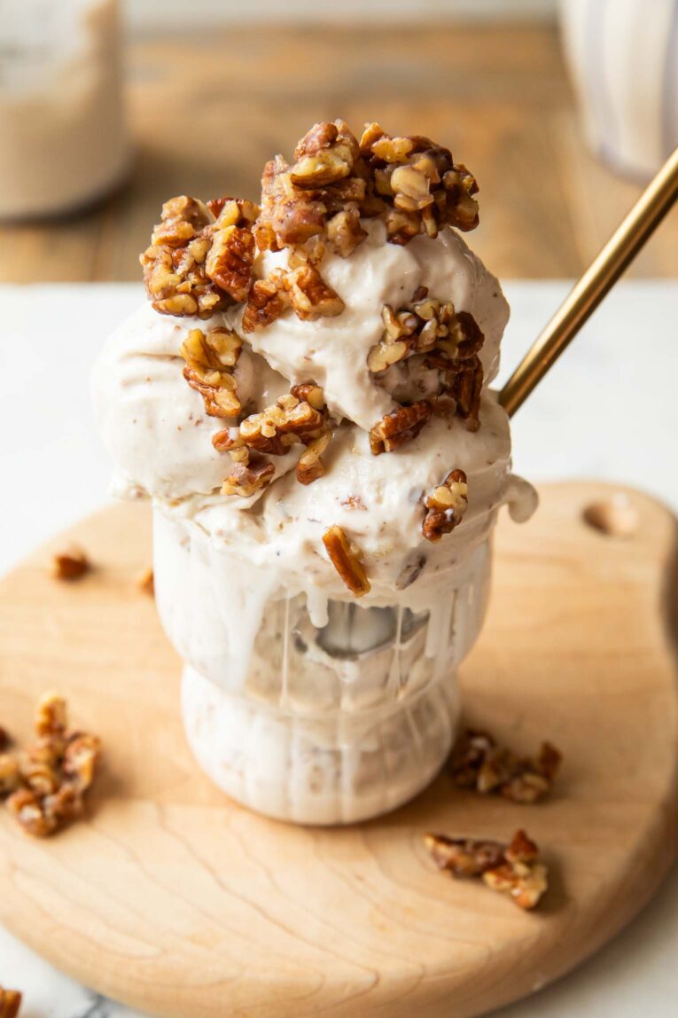 Butter Pecan Ice Cream in a glass cup.