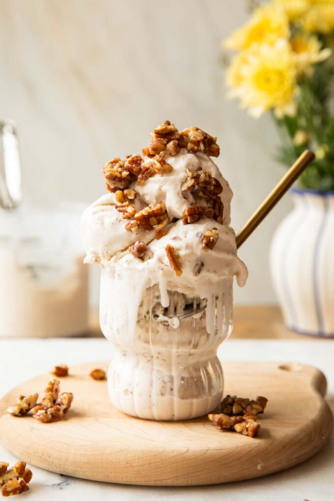 Butter Pecan Ice Cream in a glass cup.