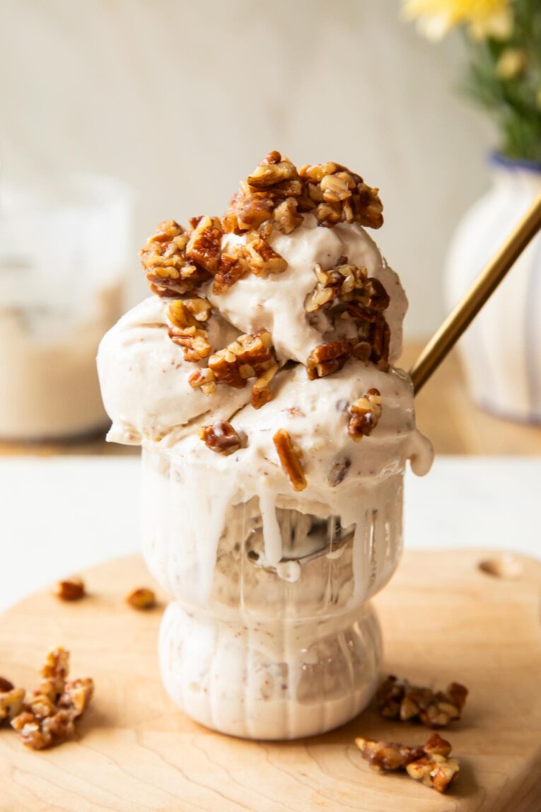 Butter Pecan Ice Cream in a glass cup.