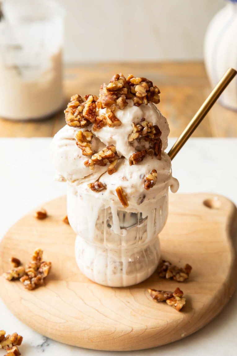 Butter Pecan Ice Cream in a glass cup.