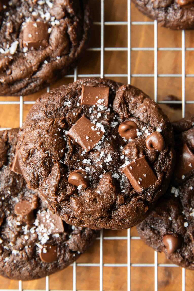 Cottage Cheese Brownie Cookies on a cooling rack.