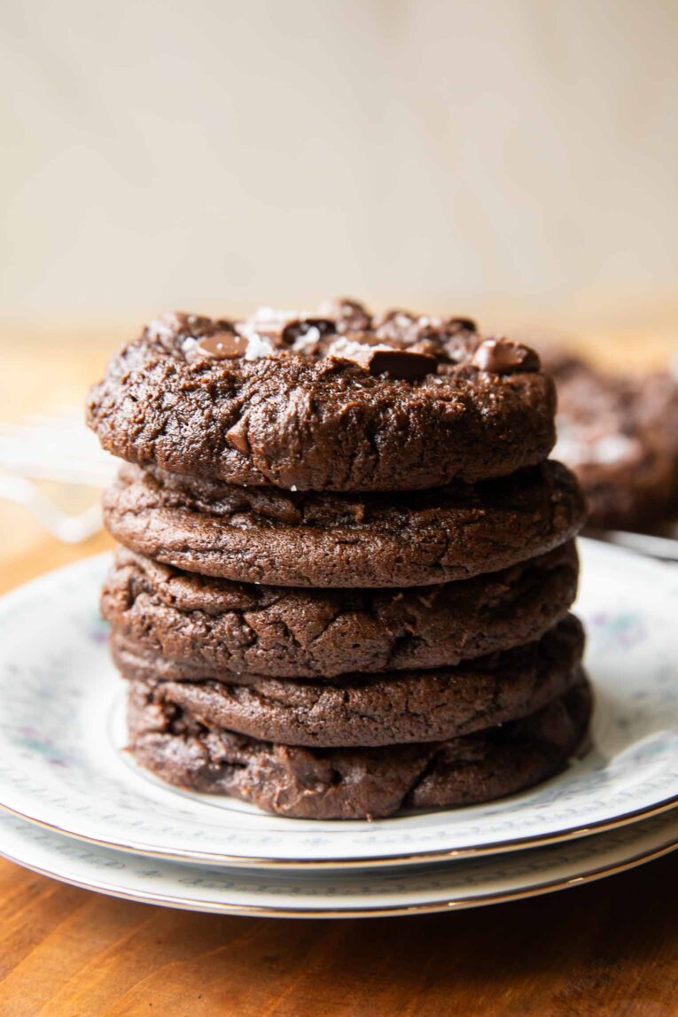 Cottage Cheese Brownie Cookies stacked on a plate.