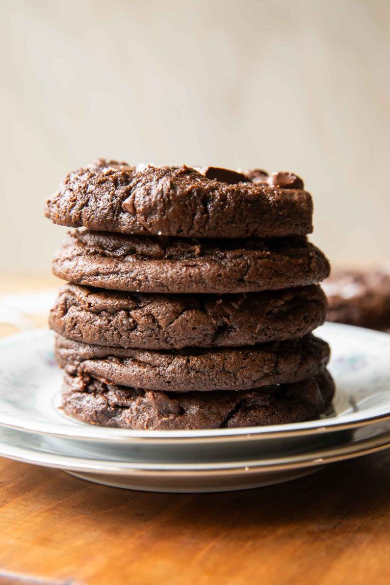 Cottage Cheese Brownie Cookies stacked on a plate.