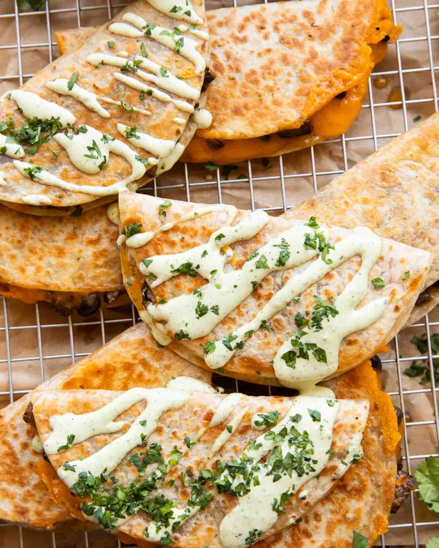 Beef Quesadillas on a cooling rack.