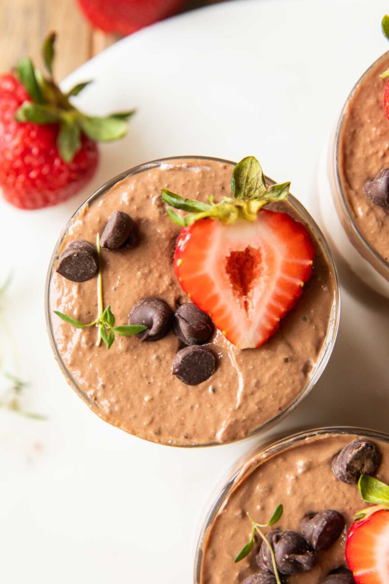 Top view of Chocolate Mousse Parfait on a cuttings board.