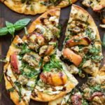 Balsamic Peach Chicken Flatbread pizza cut into triangles.