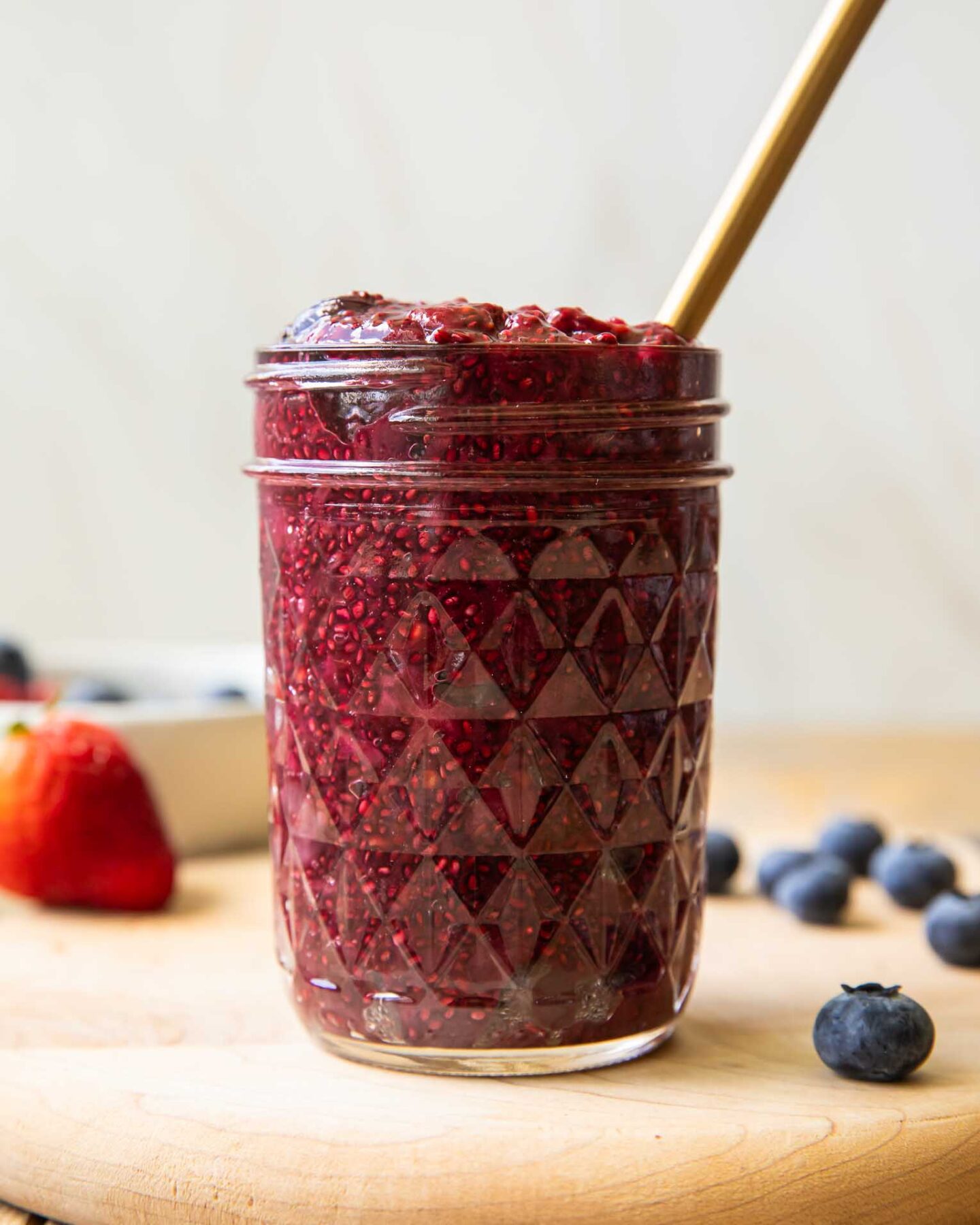 Chia Seed Jam in a mason jar.
