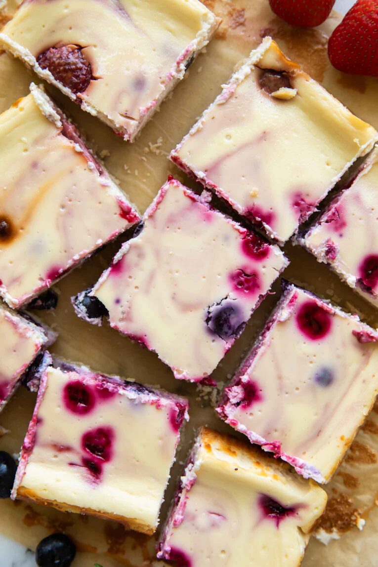 Greek Yogurt Cheesecake cut into squares.