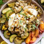 Honey honey peach burrata in a bowl.