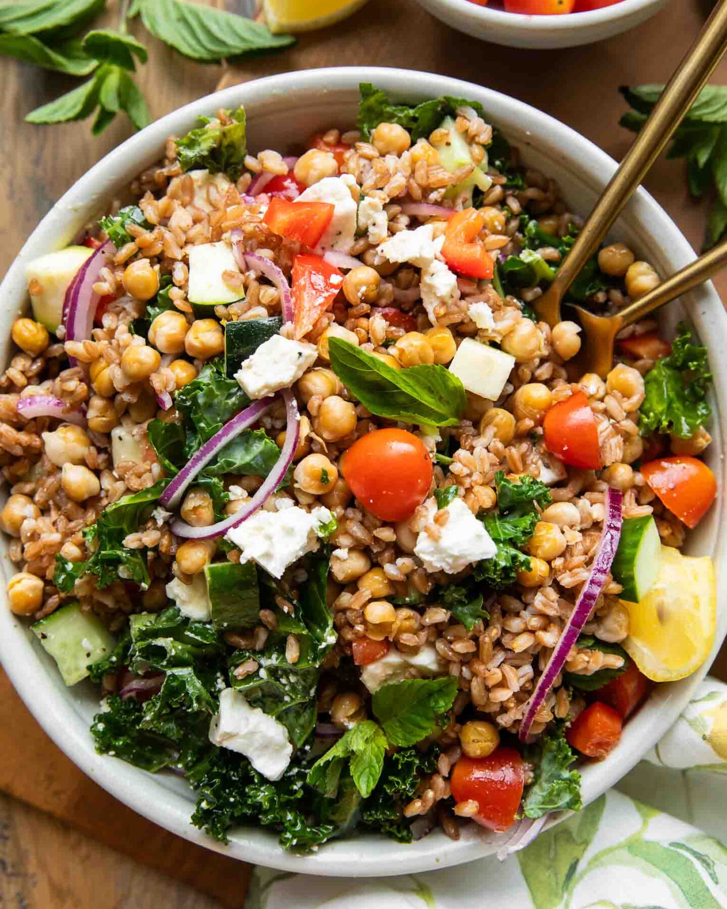 Mediterranean Farro Salad in a bowl.