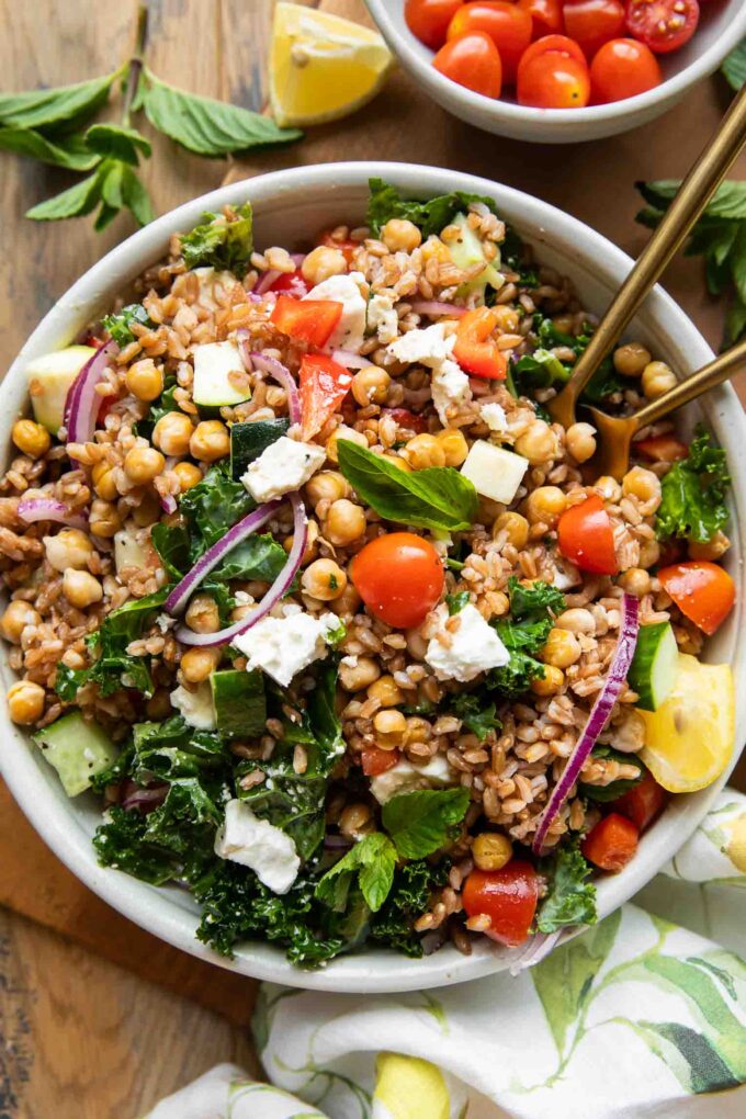 Mediterranean Farro Salad in a bowl.