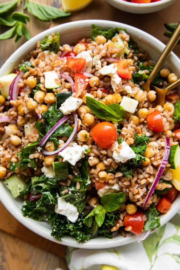 Mediterranean Farro Salad in a bowl.