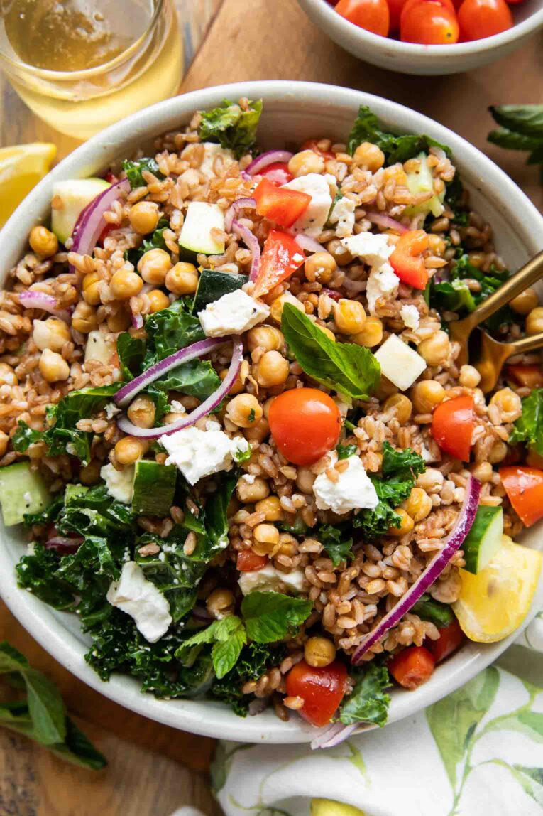 Mediterranean Farro Salad in a bowl.