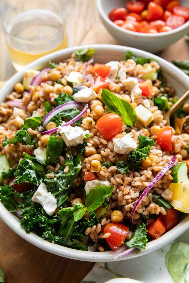 Mediterranean Farro Salad in a bowl.