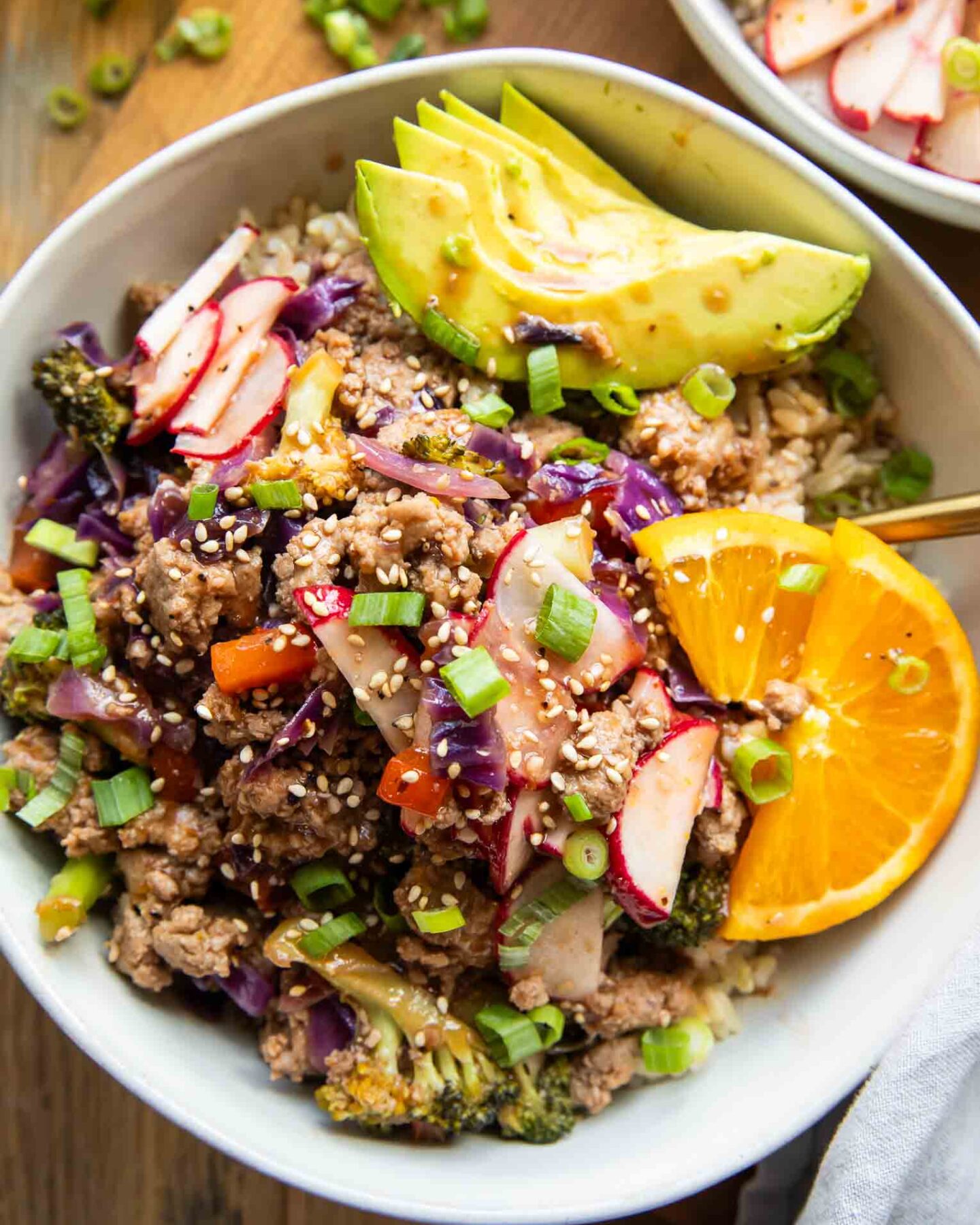 Orange Sesame Ground Turkey in a bowl.