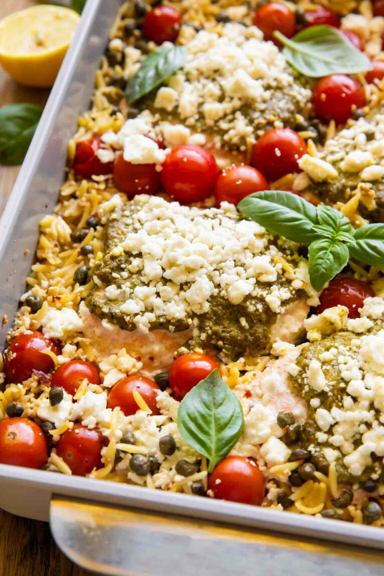 Orzo Pesto Salmon in a baking dish.