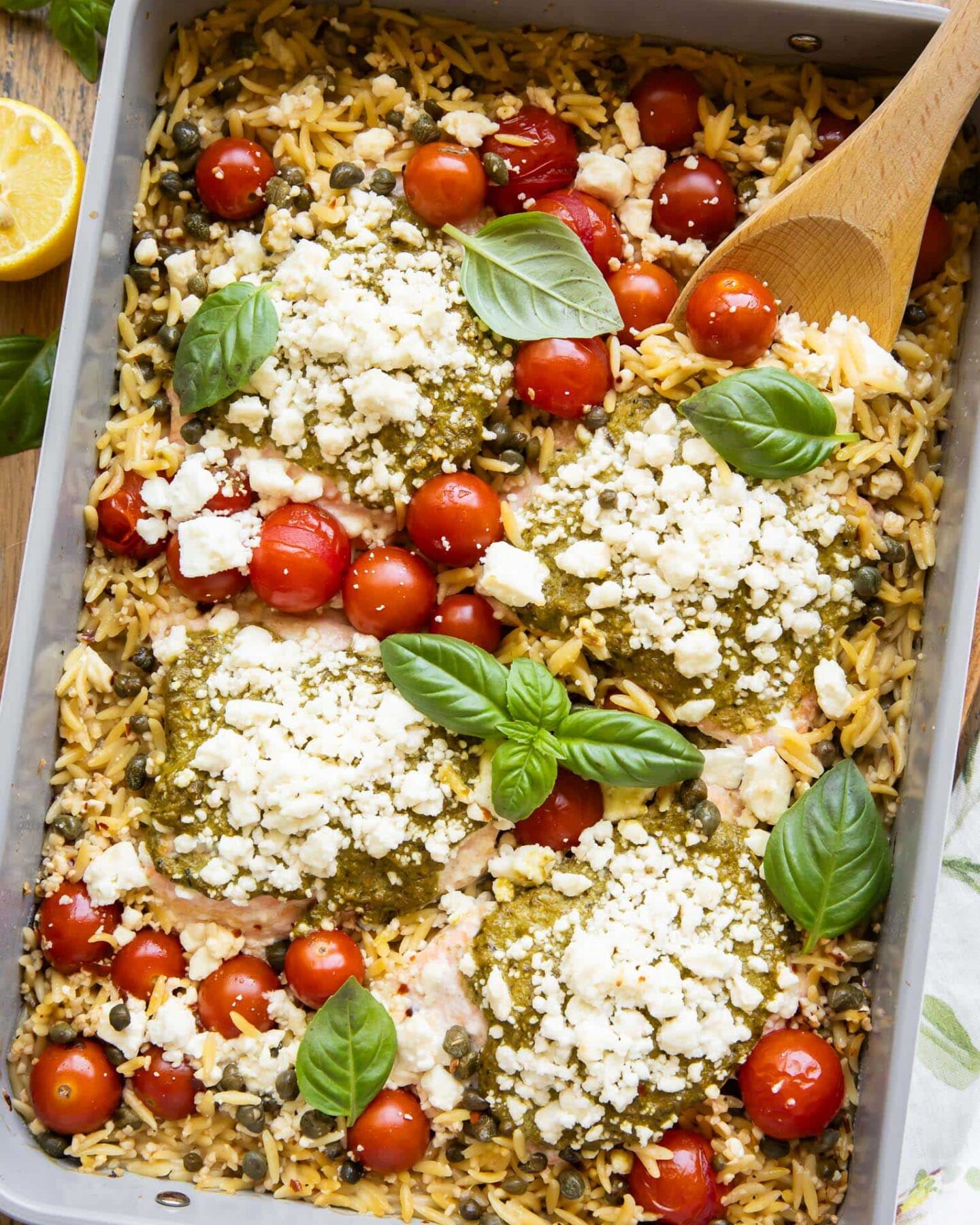 Orzo Pesto Salmon in a baking dish.