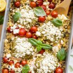Orzo Pesto Salmon in a baking dish.