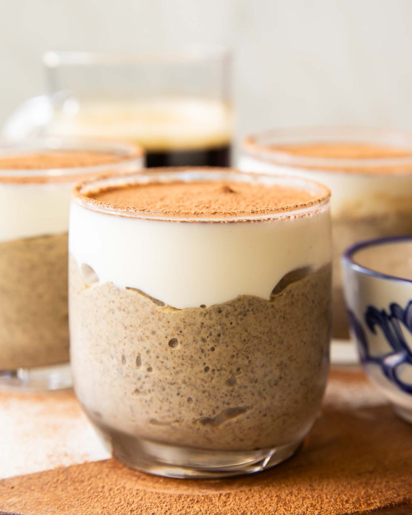 Tiramisu Chia Seed Pudding in a glass.