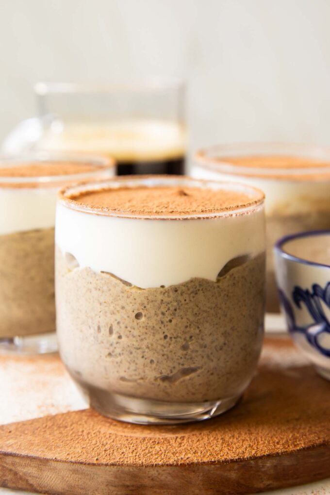 Tiramisu Chia Seed Pudding in a glass.
