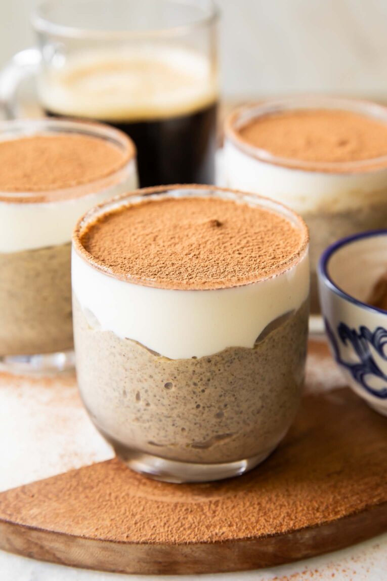 Tiramisu Chia Seed Pudding in a glass.