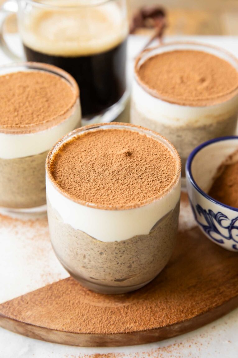 Tiramisu Chia Seed Pudding in a glass.