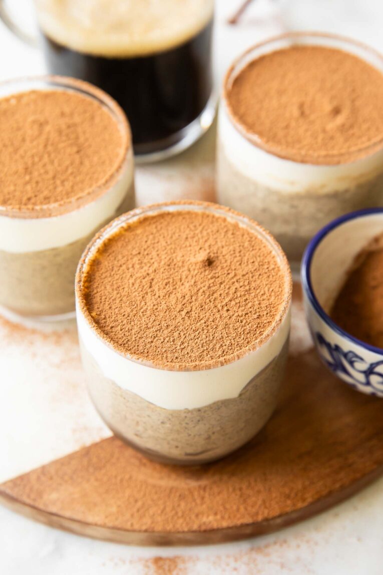 Tiramisu Chia Seed Pudding in a glass.